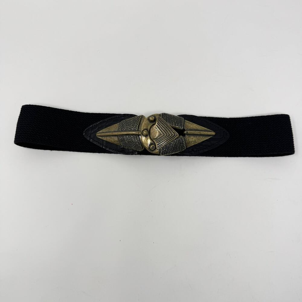 Vintage Omega Brass Arrowhead Clasp Buckle Black Stretch Belt Women's Sz M 2335